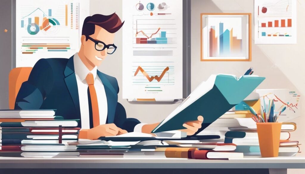 Iemand studeert boekhouden in een georganiseerde en professionele omgeving.