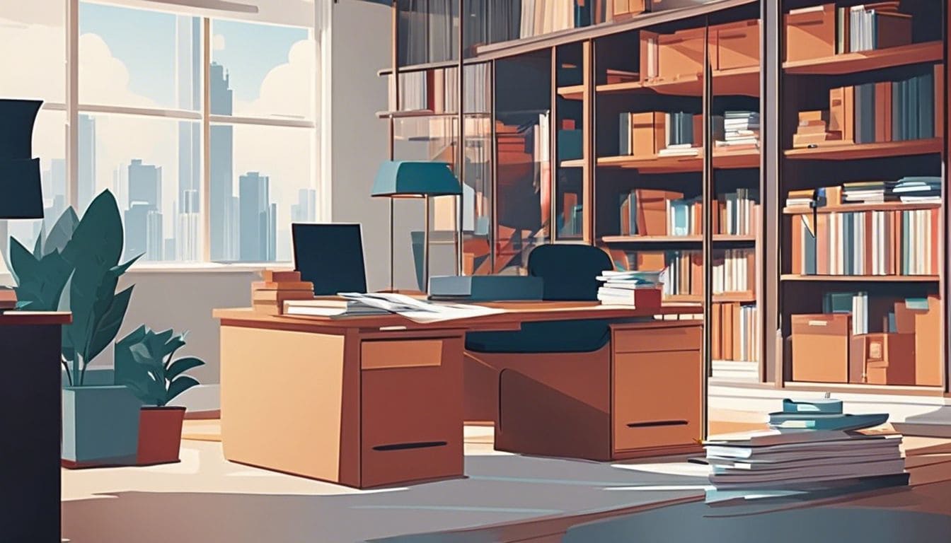 Een persoon organiseert papierwerk in een net thuiskantoor met stadsgezicht op achtergrond.