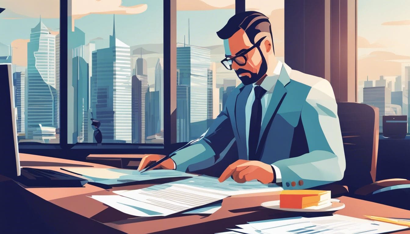 Een overheidsfunctionaris analyseert financi&euml;le gegevens in een moderne kantooromgeving.