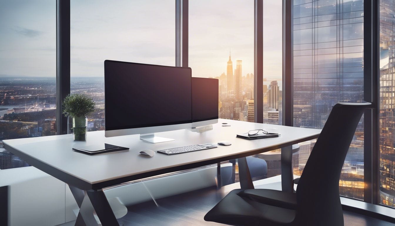 Een modern kantoorbureau met computer en stadsgezichtfotografie.