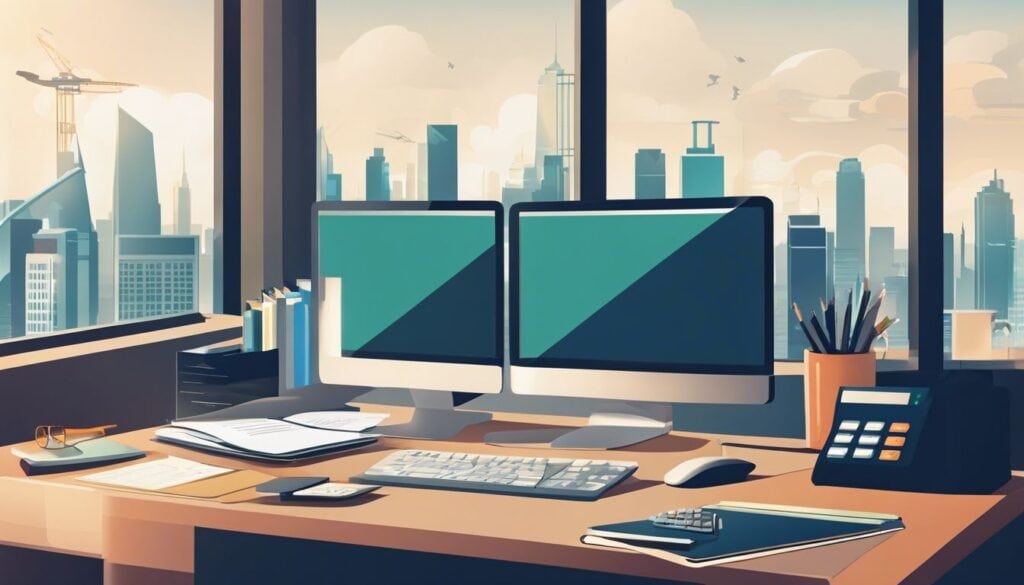 Een netjes ingerichte werkplek met een computer, rekenmachine en bestanden.