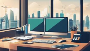 Een netjes ingerichte werkplek met een computer, rekenmachine en bestanden.