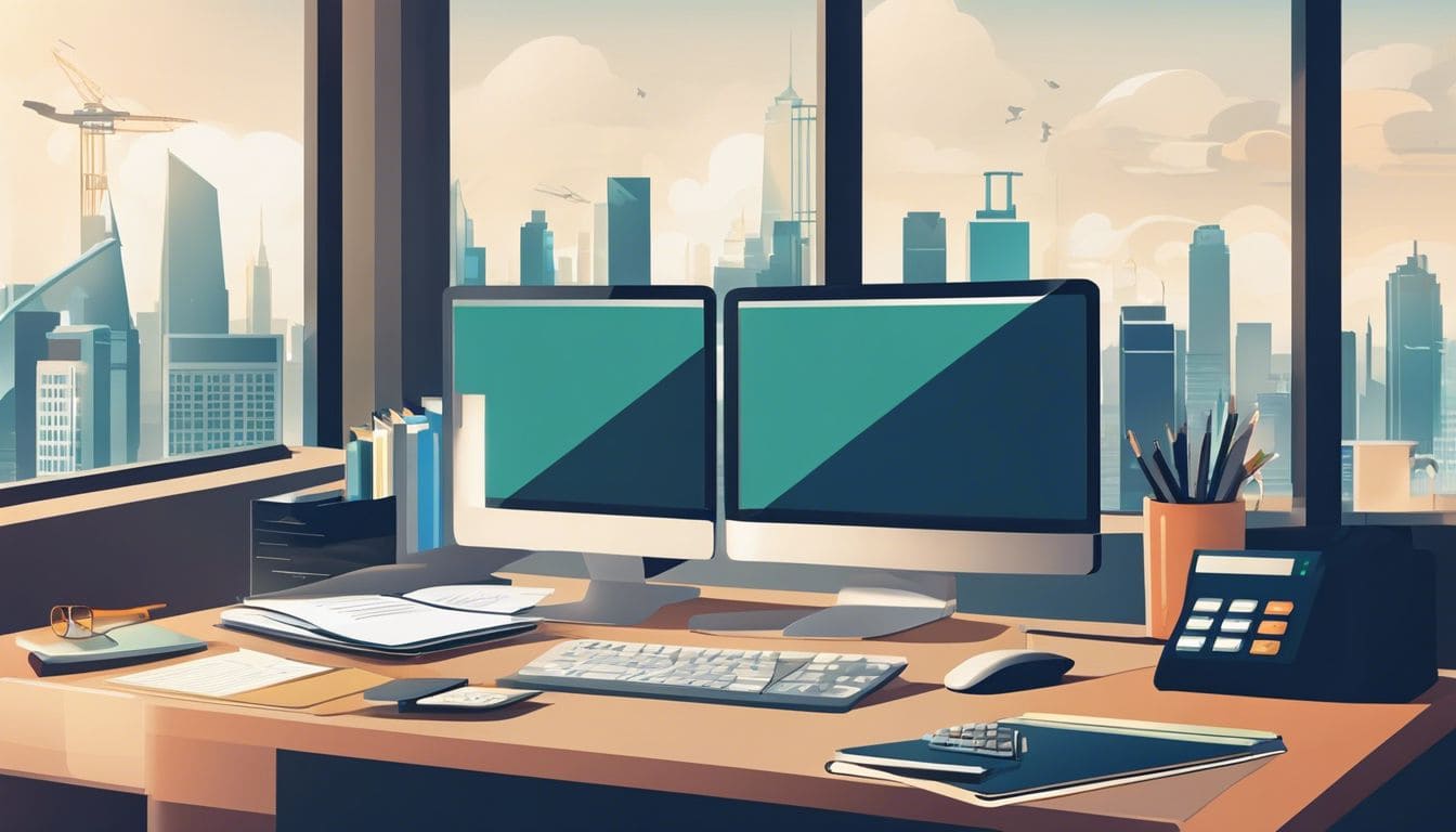 Een netjes ingerichte werkplek met een computer, rekenmachine en bestanden.