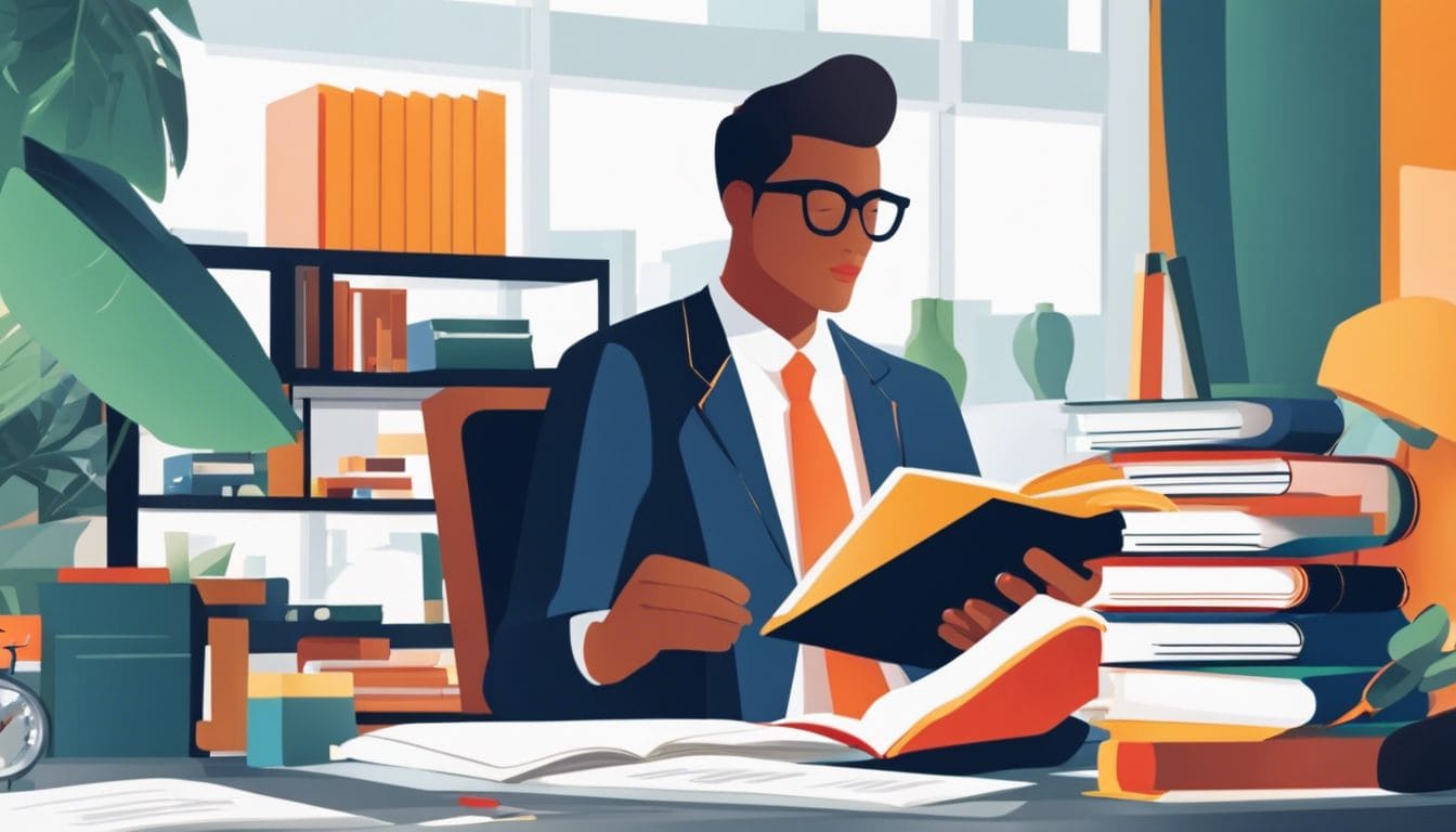 Een persoon bladert door financiële records in een opgeruimde kantooromgeving.