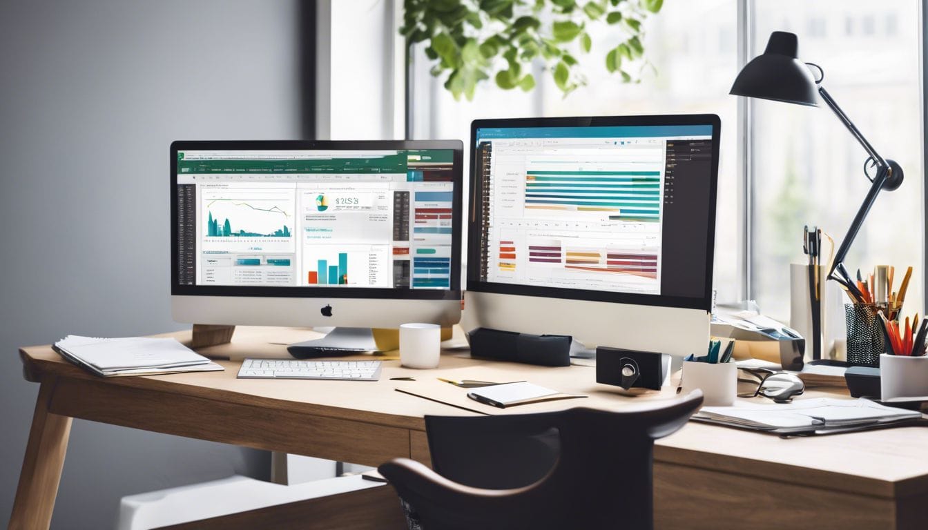 Een opgeruimd bureau met computer, calculator en financiële documenten. Een opgeruimd bureau met computer, calculator en financiële documenten.