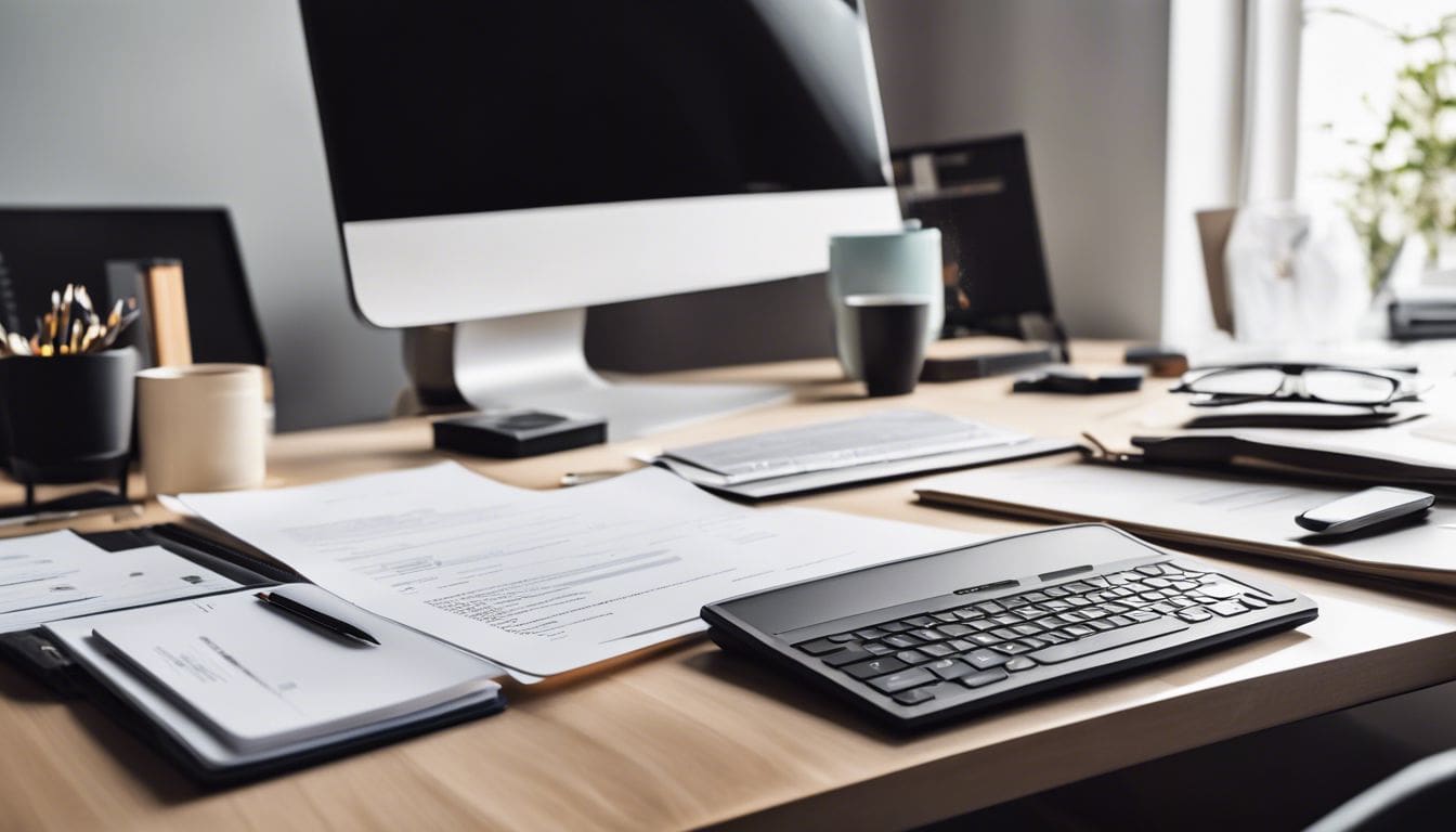 Een goed georganiseerd bureau met financi&euml;le documenten en boekhoudsoftware.