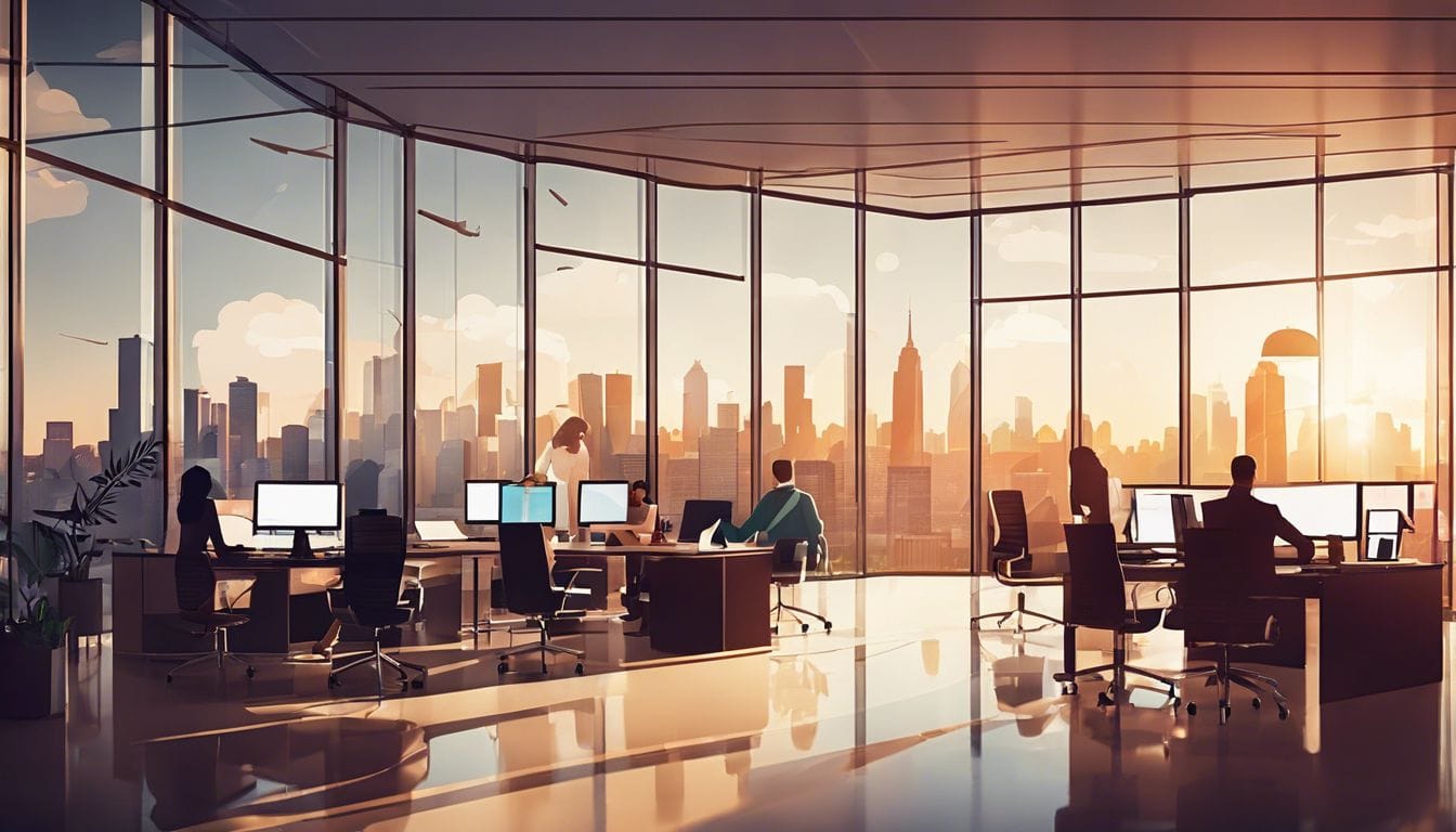 Een diverse groep professionals werkt samen in een moderne kantooromgeving. Een diverse groep professionals werkt samen in een moderne kantooromgeving.