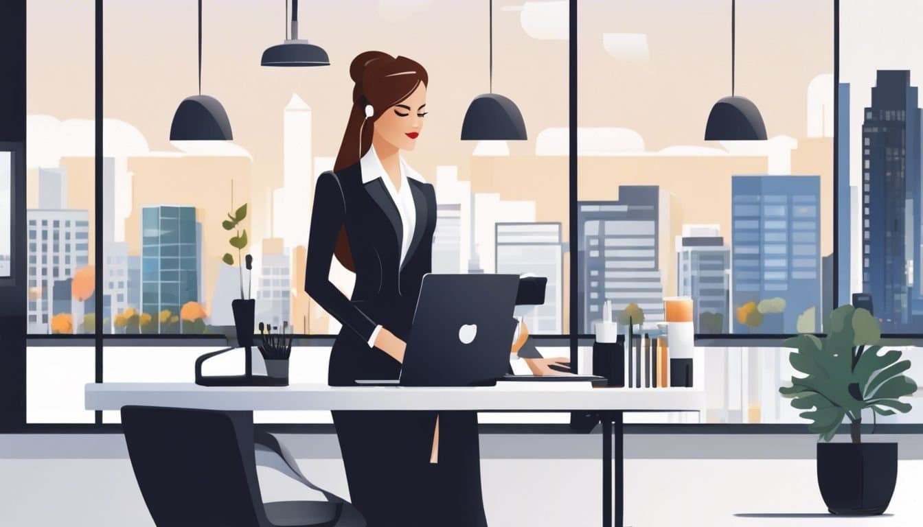 Een elegante schoonheidssalonneigenaar gebruikt boekhoudsoftware op een moderne computer, met uitzicht op de stad door de ramen.