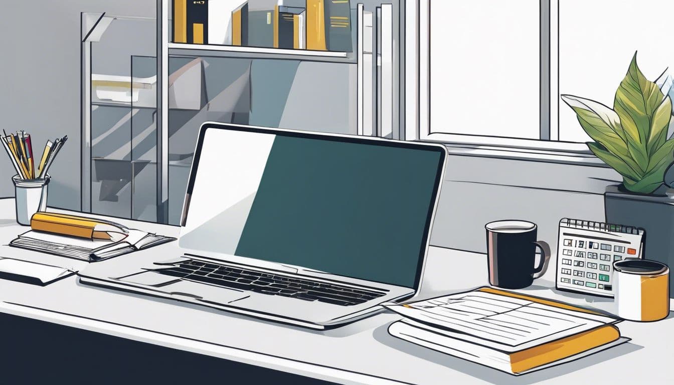 Een opgeruimd en professioneel kantoorbureau met laptop en financi&euml;le documenten.