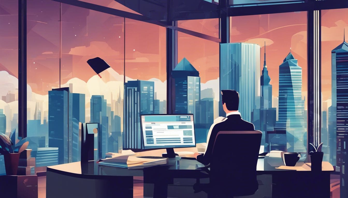 Persoon zelfverzekerd financiële documenten in moderne kantooromgeving, omringd door stadse leven.