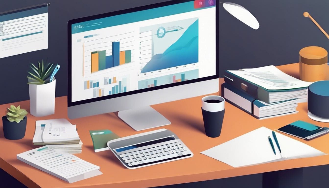 Een modern kantoorbureau met computer, financiële documenten, minimalistisch interieur.