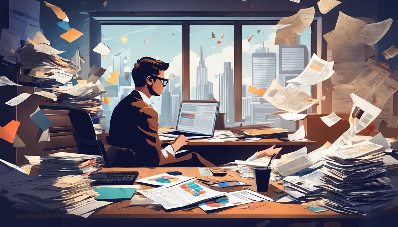Een persoon zit aan een rommelig bureau omgeven door financiële documenten en stadsgezichten.