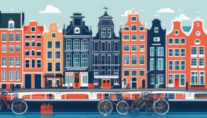 Een levendige stadsgezicht van iconische Nederlandse gebouwen en grachten.