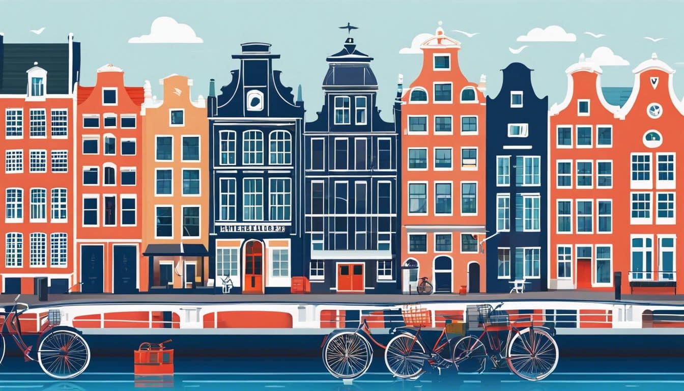 Een levendige stadsgezicht van iconische Nederlandse gebouwen en grachten.