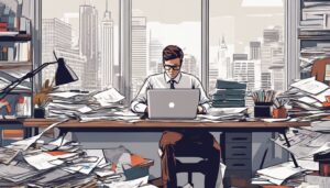 Persoon zit aan rommelig bureau met financiële documenten en stadfoto's.