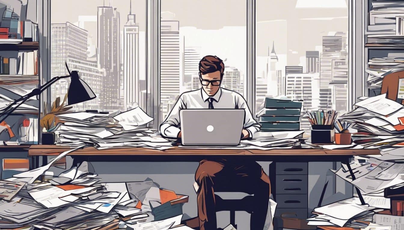 Persoon zit aan rommelig bureau met financiële documenten en stadfoto's.