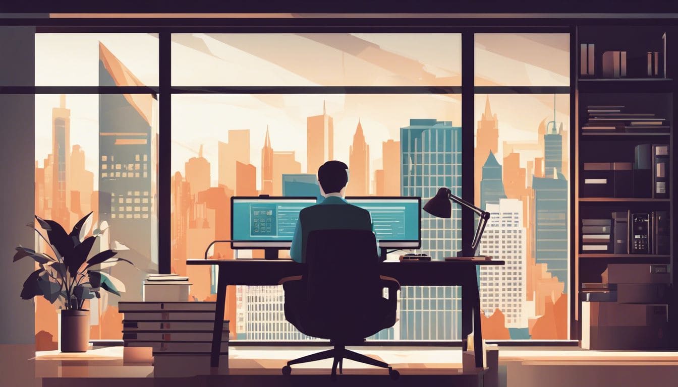 Een persoon werkt geconcentreerd aan een opgeruimd bureau in de stad.