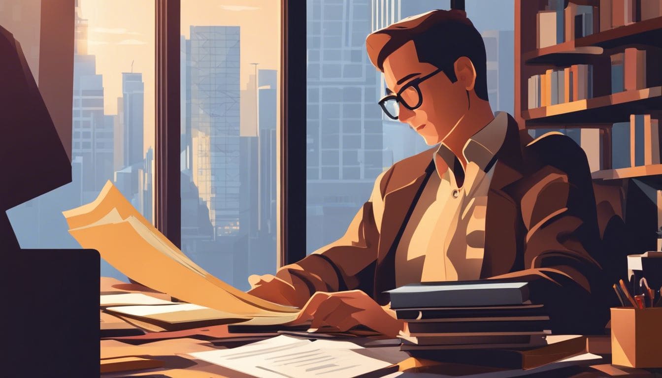 Een persoon zit gefocust aan een bureau omringd door boeken en een rekenmachine, met een drukke stad op de achtergrond. Een persoon zit gefocust aan een bureau omringd door boeken en een rekenmachine, met een drukke stad op de achtergrond.