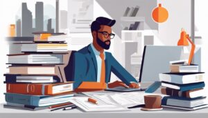 Een persoon zit aan een bureau omringd door boekhoudingsboeken en documenten.