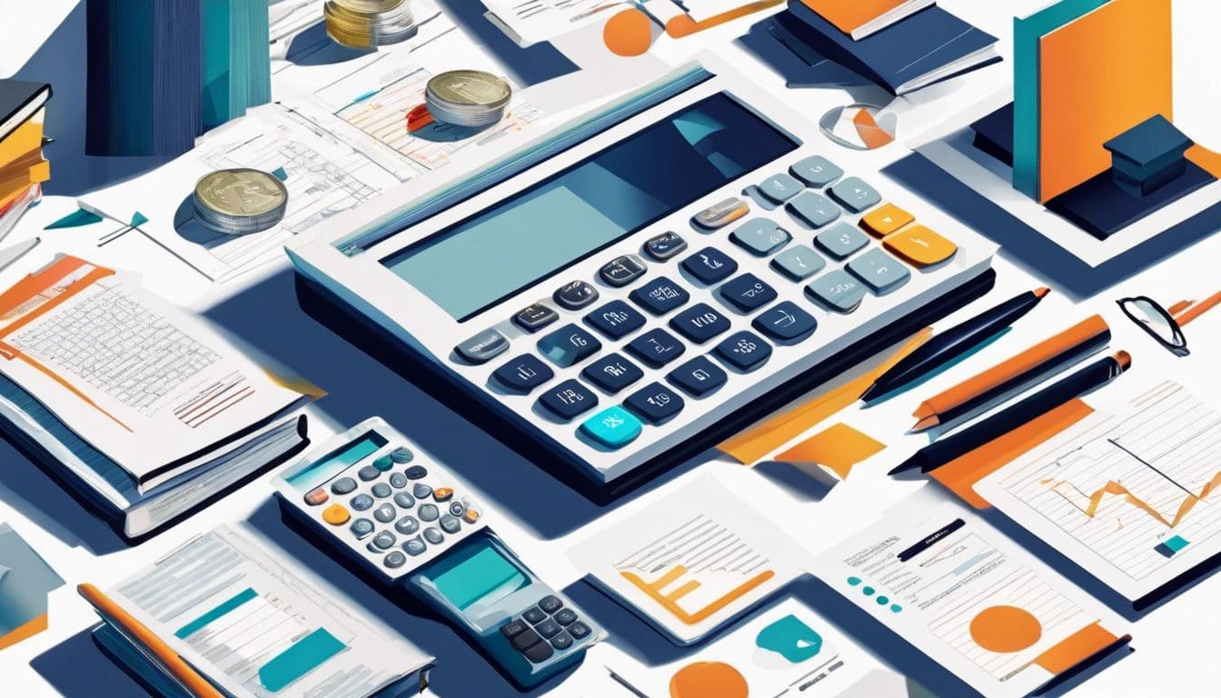 Een open boek omringd door rekenmachines en financiële documenten in een kantooromgeving.