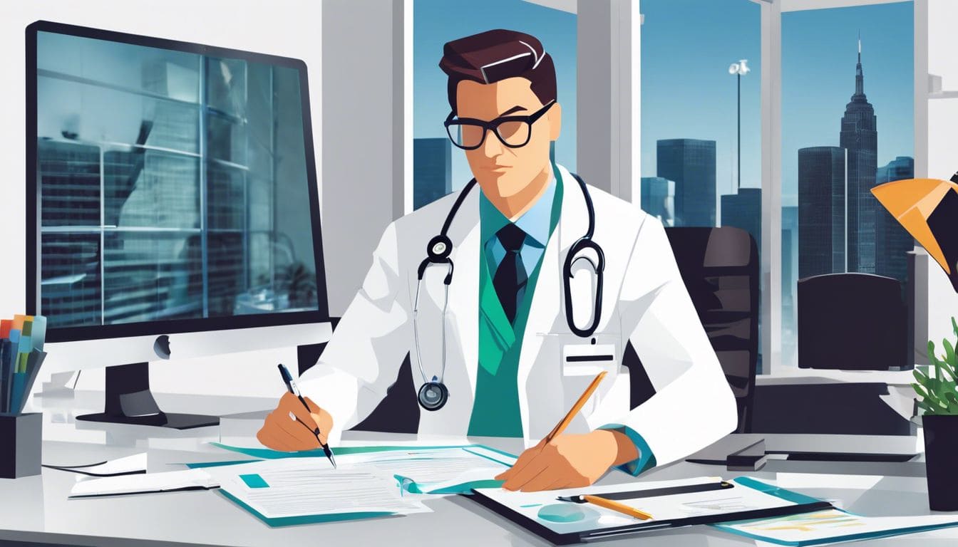 Een dokter bekijkt financiële gegevens in een moderne kantooromgeving.