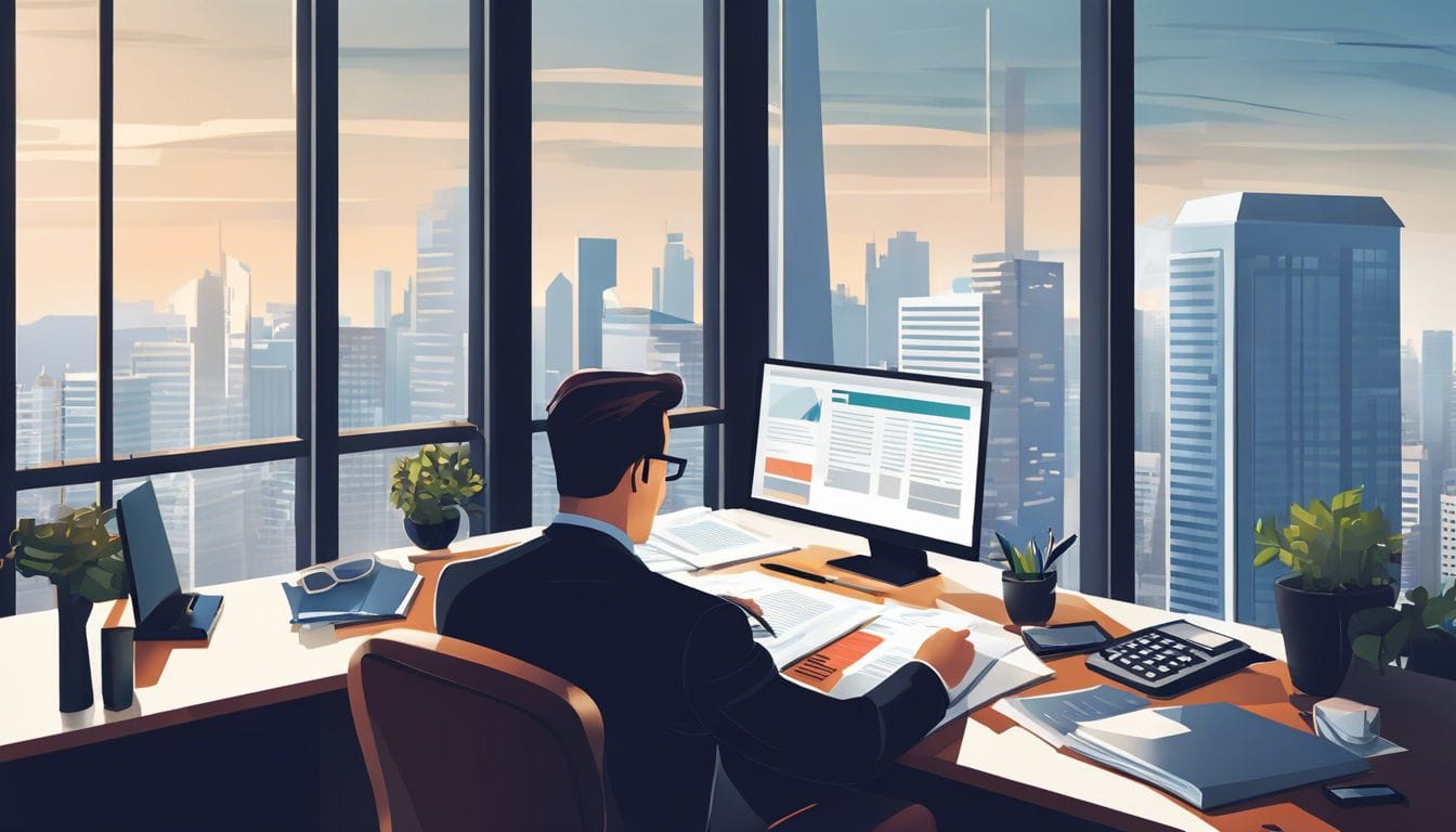 Een zakelijk eigenaar bestudeert financi&euml;le documenten in een kantoor met uitzicht op de stad.