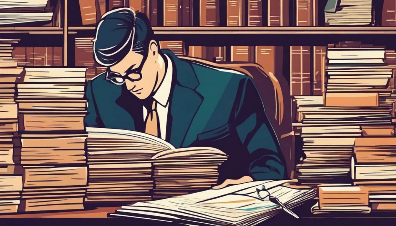 Een persoon die grootboeken onderzoekt te midden van financiële documenten in een kantooromgeving. Een persoon die grootboeken onderzoekt te midden van financiële documenten in een kantooromgeving.