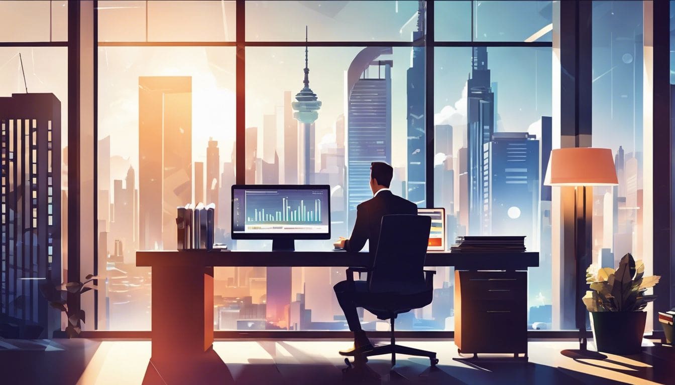 Een bedrijfseigenaar onderzoekt financiële documenten in een goed verlicht kantoor met uitzicht op de stad. Een bedrijfseigenaar onderzoekt financiële documenten in een goed verlicht kantoor met uitzicht op de stad.