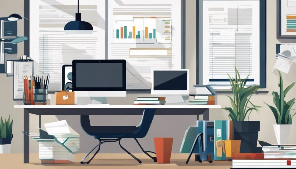 Een georganiseerd bureau met financiële documenten en een laptop, omringd door kantoorbenodigdheden, straalt productiviteit en efficiëntie uit.