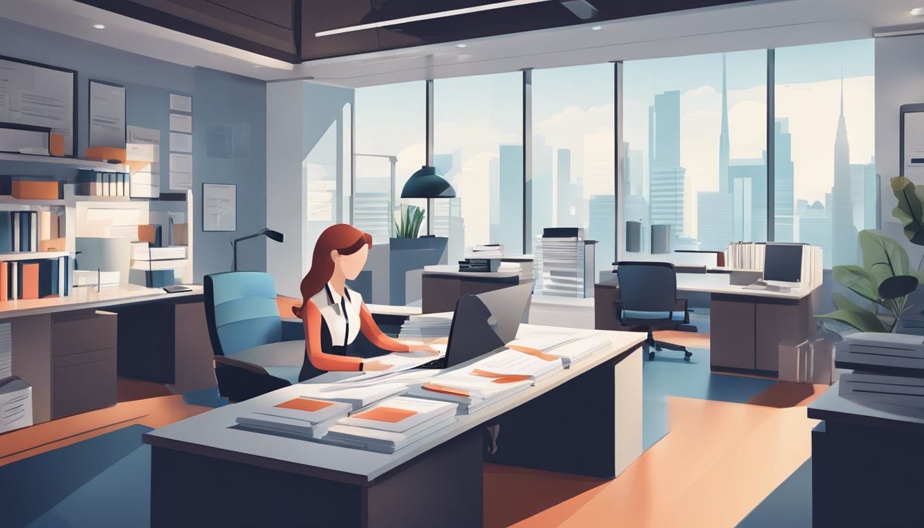 Een persoon organiseert en archiveert papierwerk in een goed verlicht kantoor. Een persoon organiseert en archiveert papierwerk in een goed verlicht kantoor.