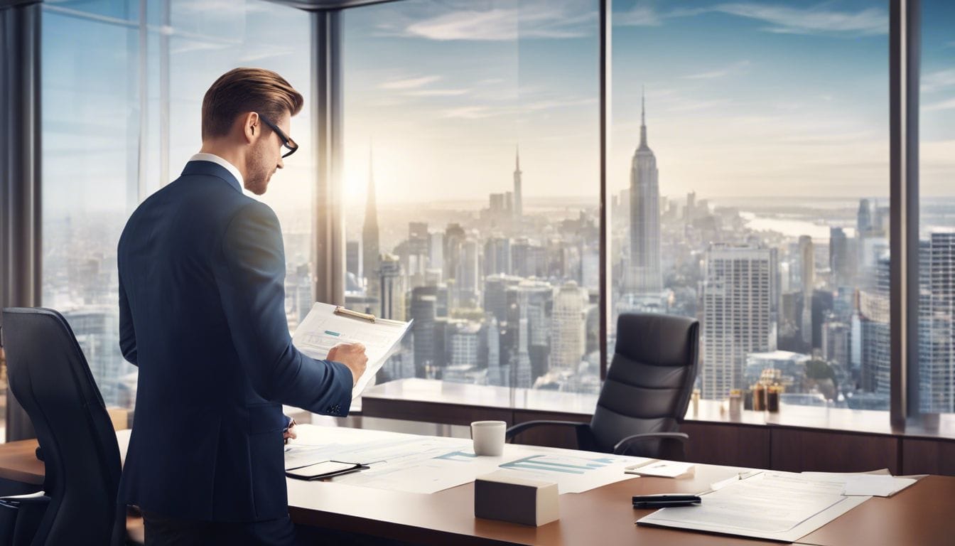 Een zelfverzekerde zakenman bekijkt financi&euml;le gegevens in modern kantoor.