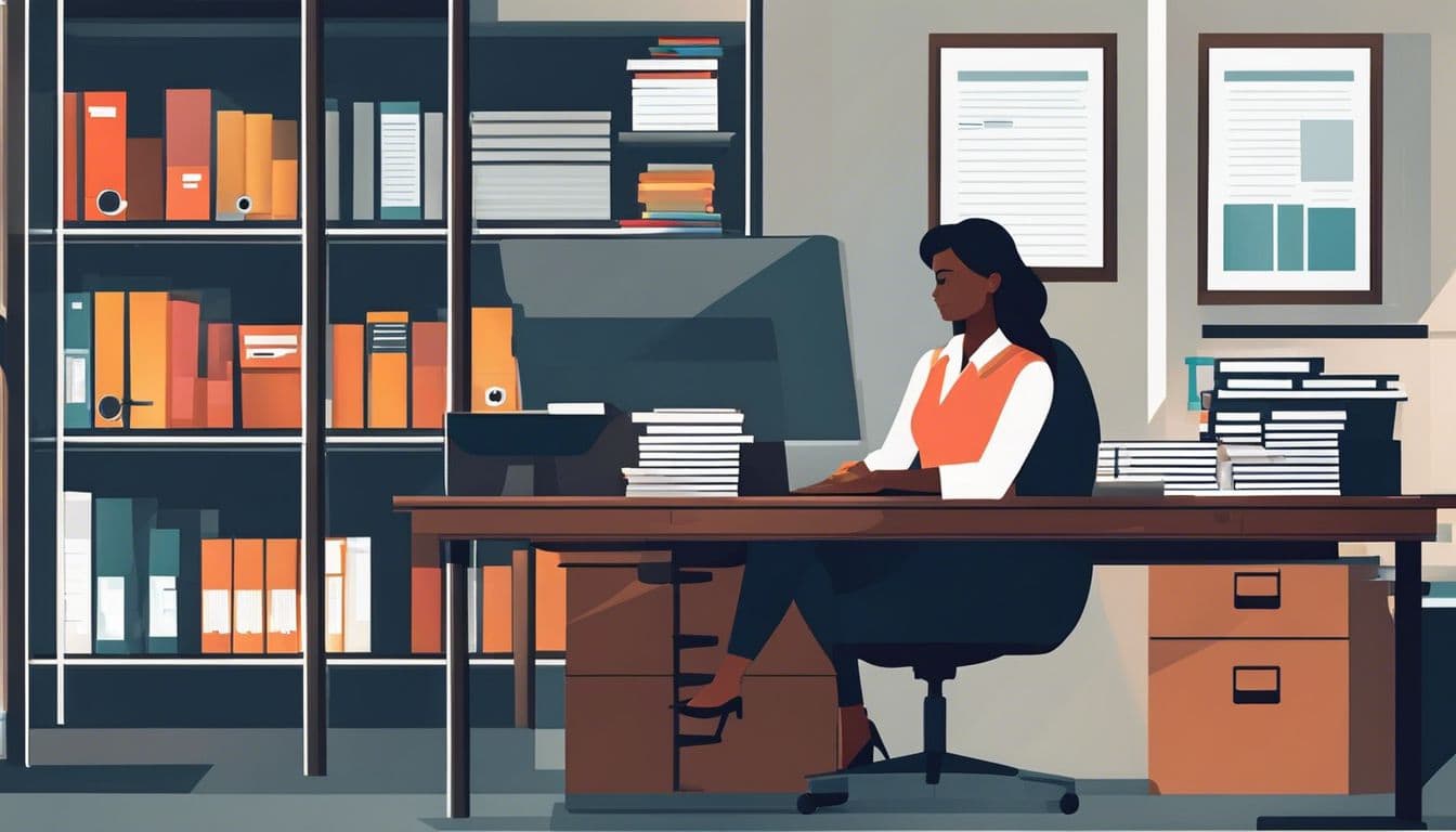 Een professioneel zittend aan een georganiseerd bureau met klantdossiers en kantoorbenodigdheden. Een professioneel zittend aan een georganiseerd bureau met klantdossiers en kantoorbenodigdheden.