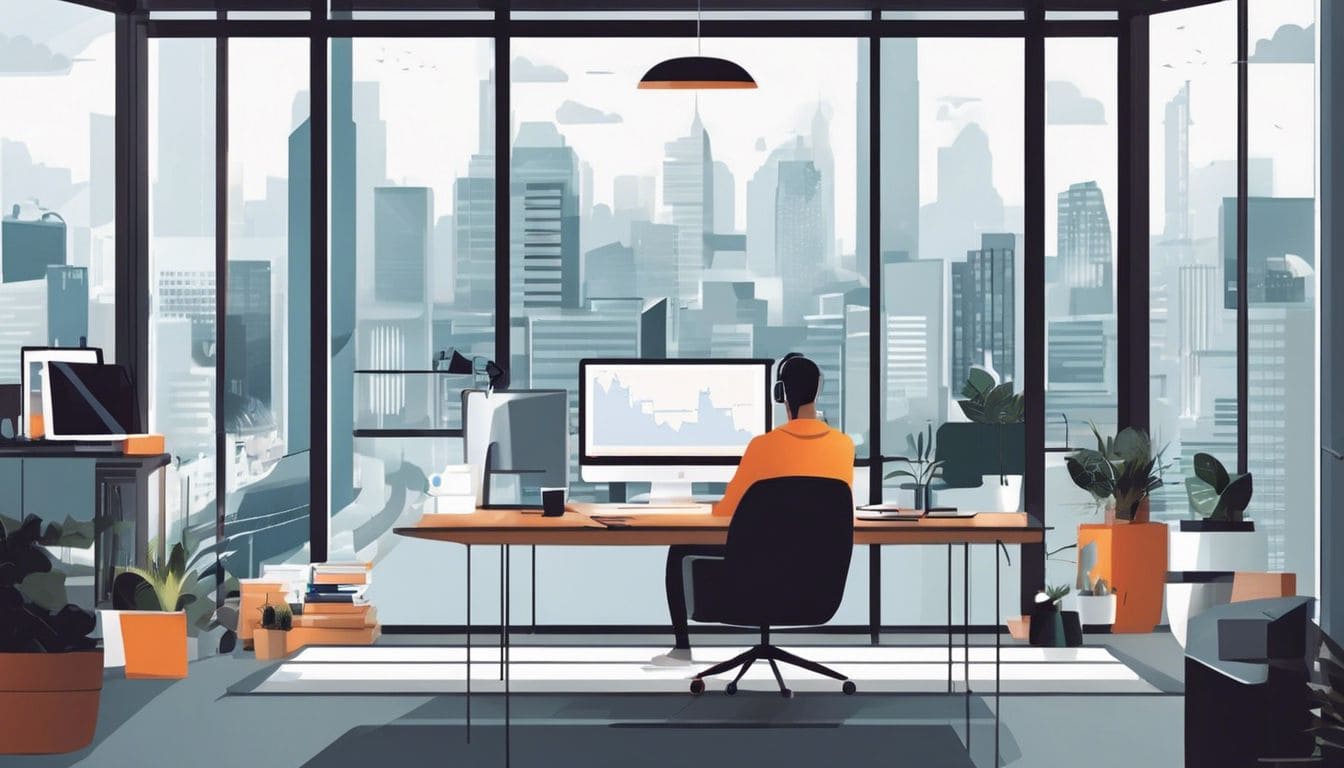 Een freelancer luistert naar een podcast tijdens het werken in een modern thuiskantoor.