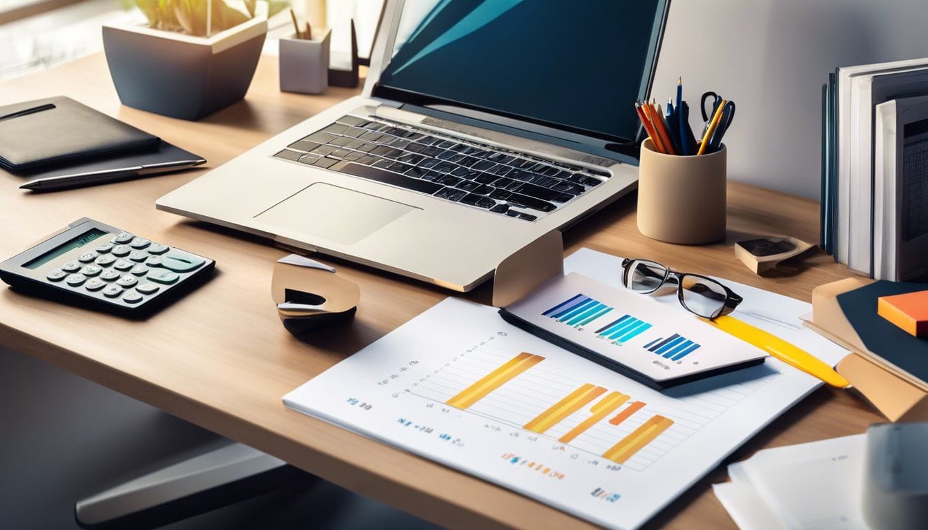 Een georganiseerde werkruimte met een rekenmachine en financiële documenten. Een georganiseerde werkruimte met een rekenmachine en financiële documenten.