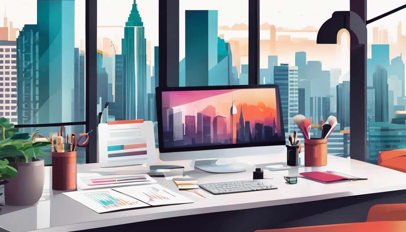 Een goed georganiseerd bureau in een moderne schoonheidssalon, omringd door financi&euml;le documenten en stadsgezichtenfotografie.