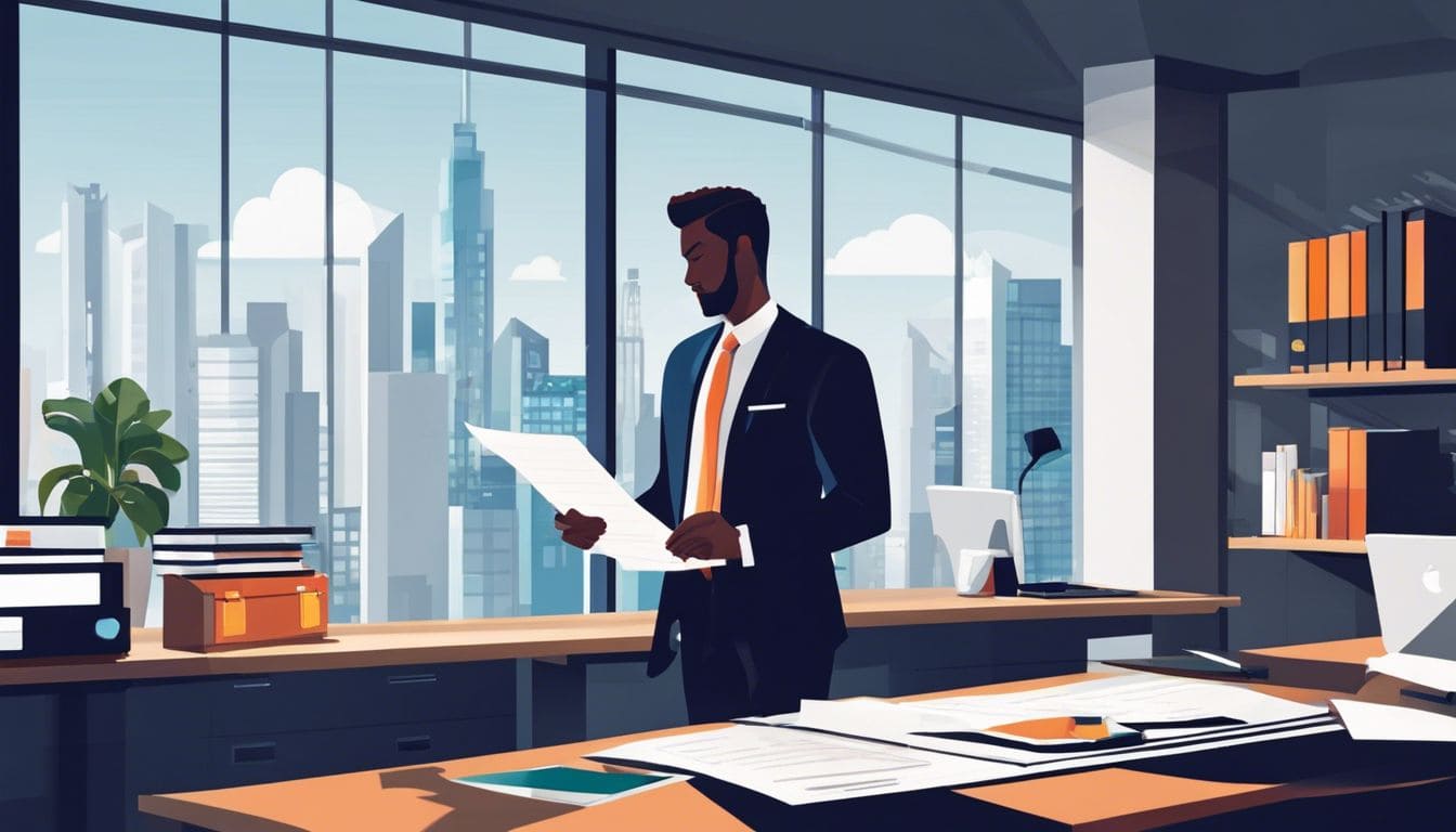 Een bedrijfseigenaar bekijkt een balans in een modern kantoor.