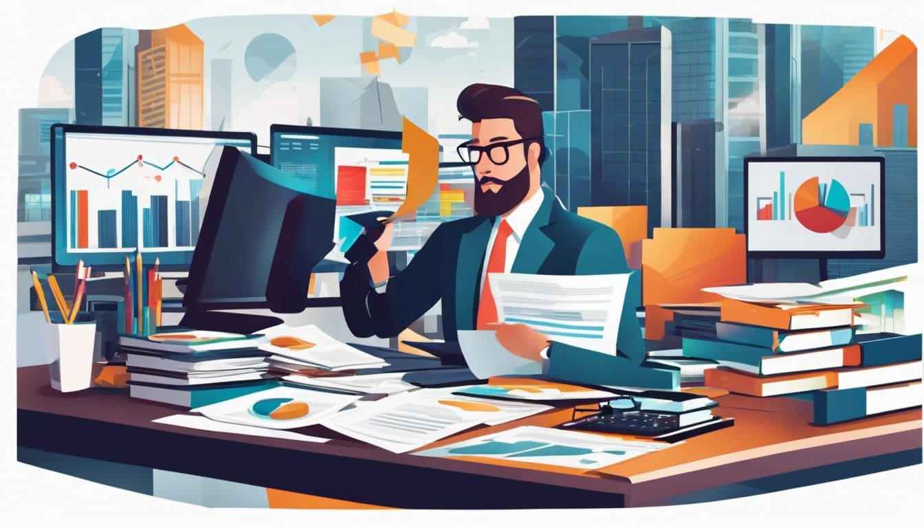 Een professionele accountant zittend aan een bureau omgeven door financi&euml;le documenten en stadsgezichten, geconcentreerd en nauwkeurig werkend in een rommelige maar georganiseerde werkruimte.