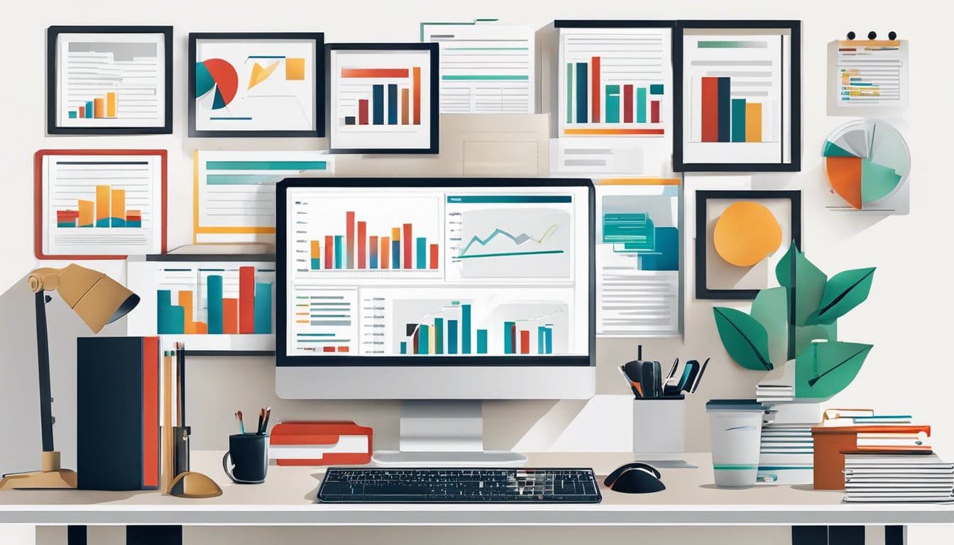 Een opgeruimde werkplek met computer, documenten en financiële grafieken. Een opgeruimde werkplek met computer, documenten en financiële grafieken.