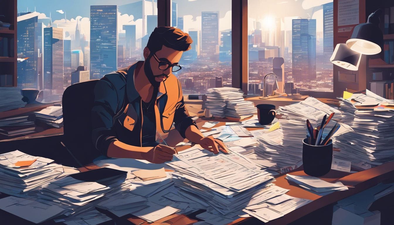 Een freelancer zit aan een rommelig bureau omringd door papierwerk. Een freelancer zit aan een rommelig bureau omringd door papierwerk.