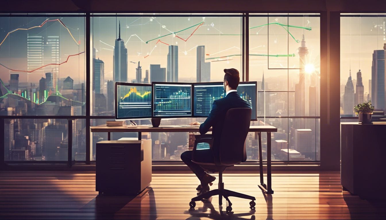Een zakelijke eigenaar analyseert een complexe financiële grafiek in een modern kantoor met uitzicht op een drukke stad. Een zakelijke eigenaar analyseert een complexe financiële grafiek in een modern kantoor met uitzicht op een drukke stad.