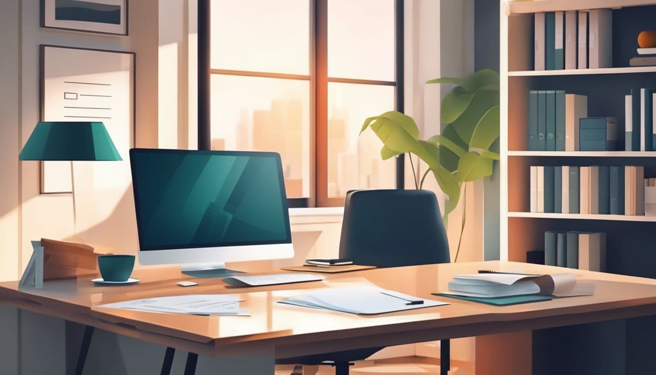 Een opgeruimde werkplek met goed georganiseerde financi&euml;le documenten en modern kantoormeubilair.