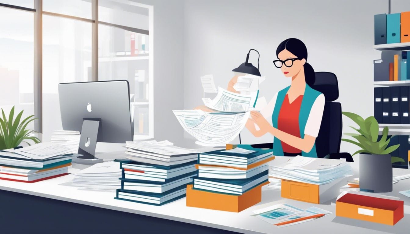 Een persoon ordent facturen en bonnetjes op een schone kantoorwerkplek.