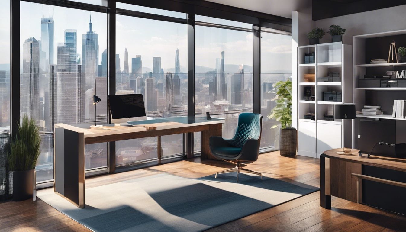 Een bedrijfseigenaar toont hun merkproducten in een chique kantoorruimte.