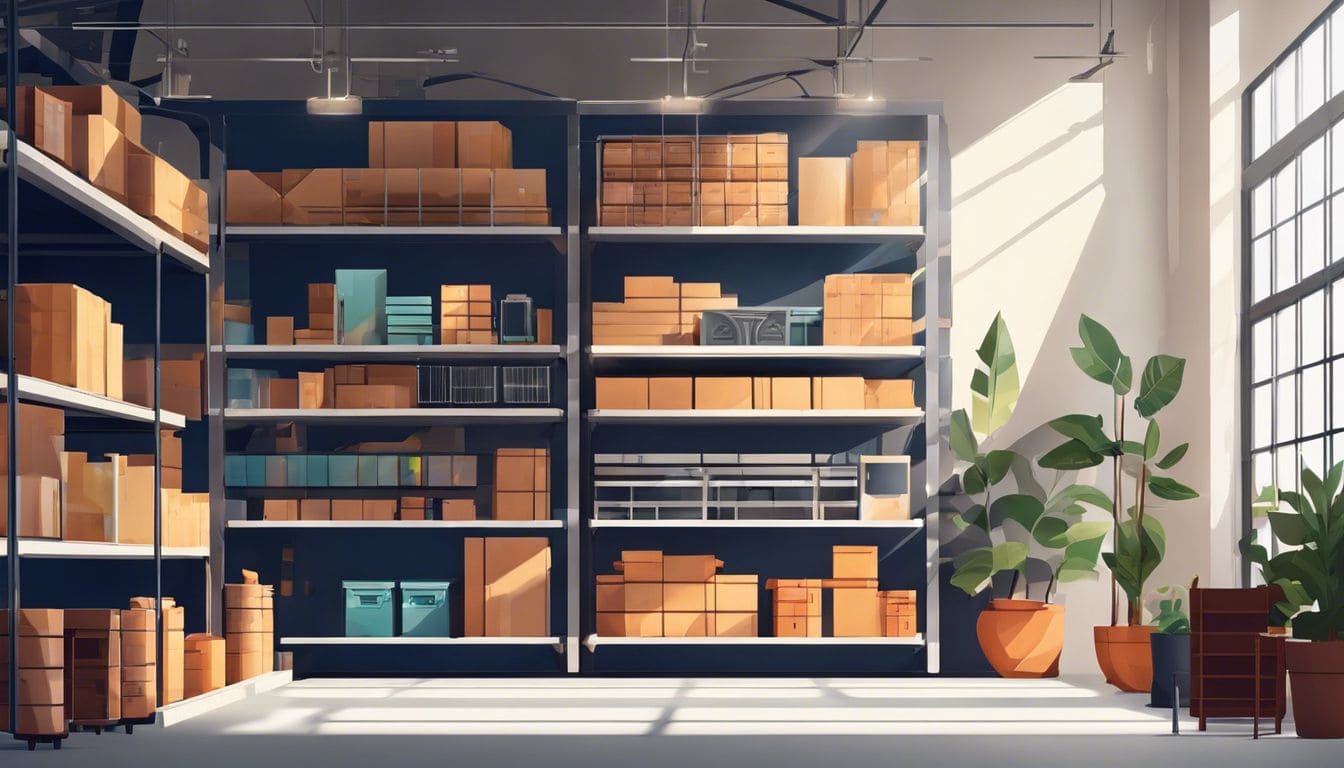 Goed georganiseerde schappen met fotografie apparatuur en natuur prints.