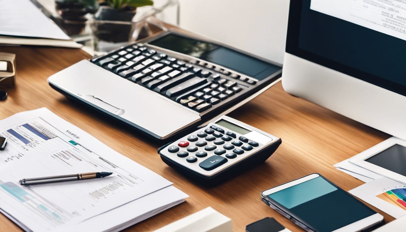 Een opgeruimd bureau met financi&euml;le documenten en een rekenmachine.