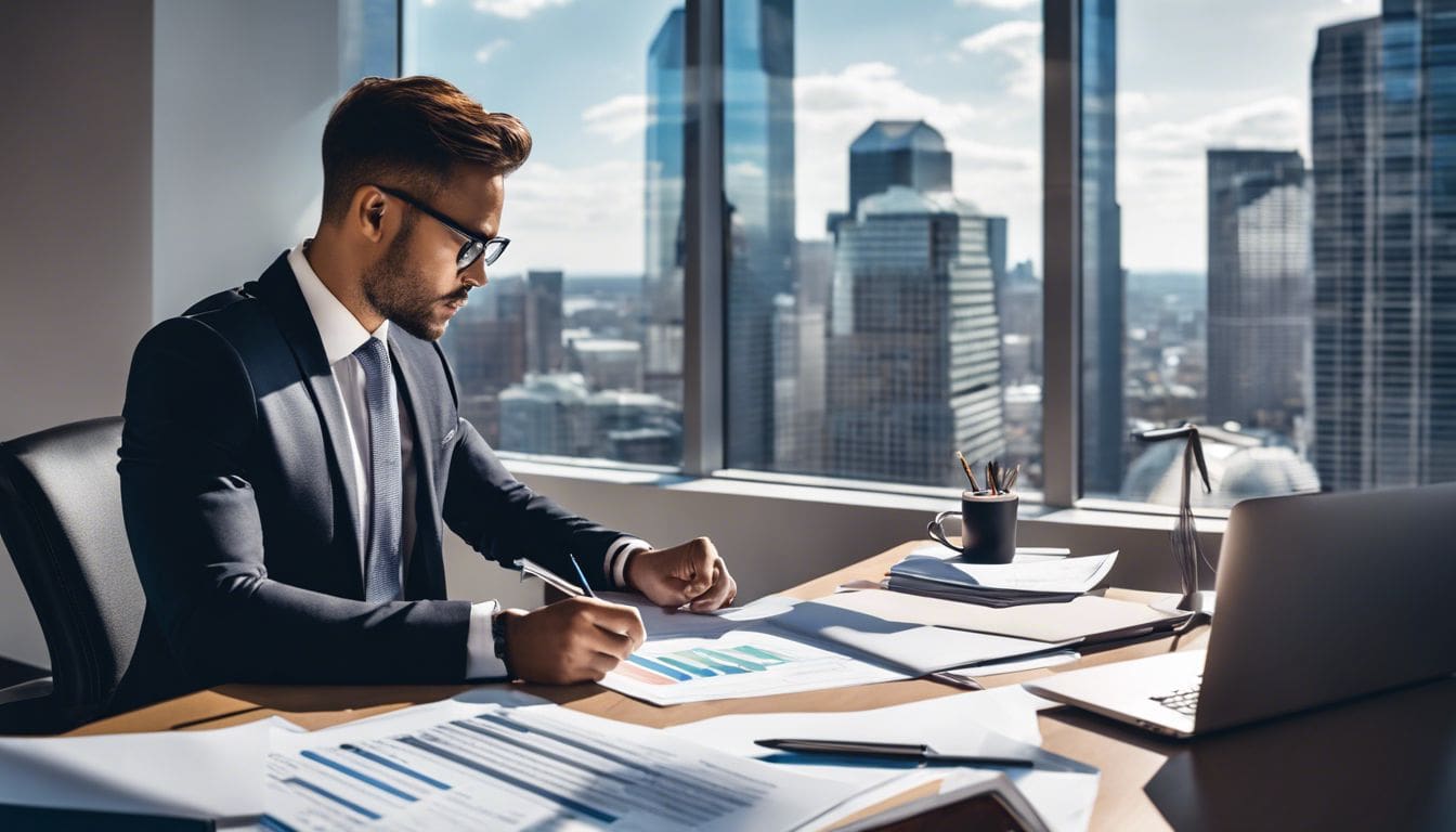 Een zakelijke professional bekijkt financiële documenten in een moderne kantooromgeving. Een zakelijke professional bekijkt financiële documenten in een moderne kantooromgeving.