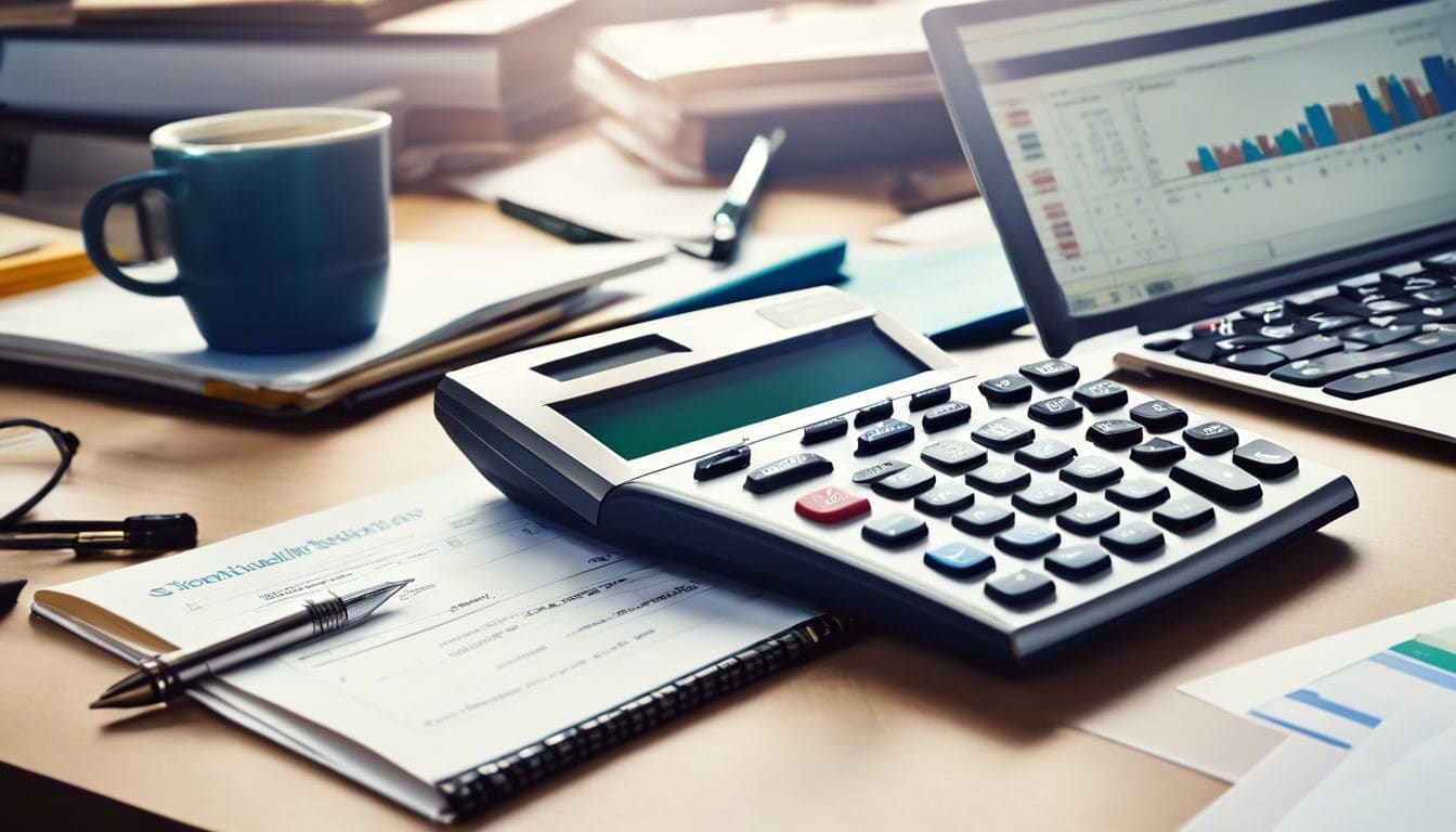Een opgeruimde werkplek met financi&euml;le documenten en een rekenmachine.