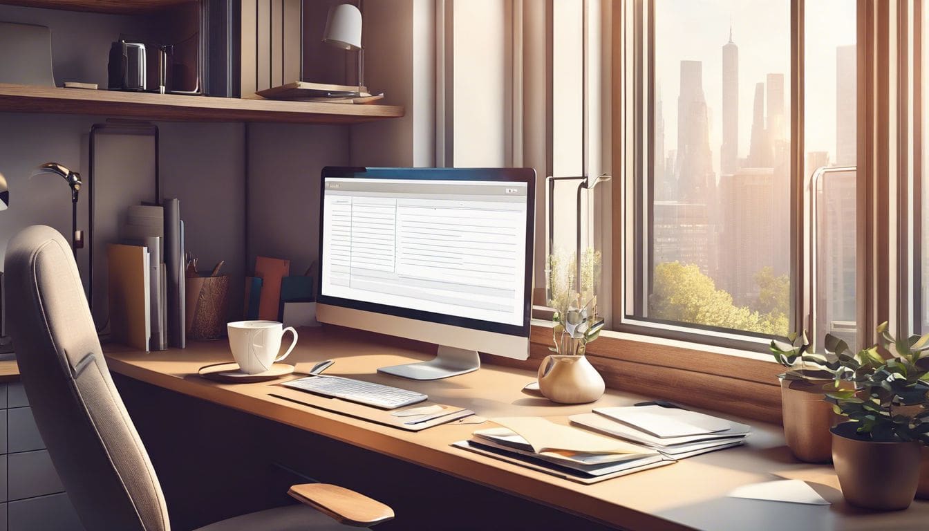 Een netjes georganiseerd bureau met een computer, papierwerk en een kop koffie.