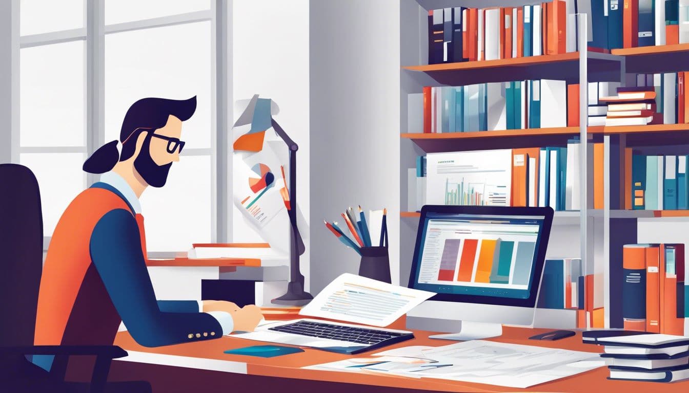 Een persoon analyseert financi&euml;le documenten op kantoor met behulp van een rekenmachine en grootboek.