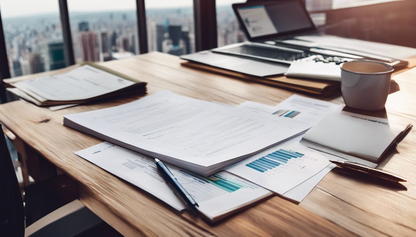 Balansoverzicht op houten bureau met financi&euml;le documenten en stadsfotografie.